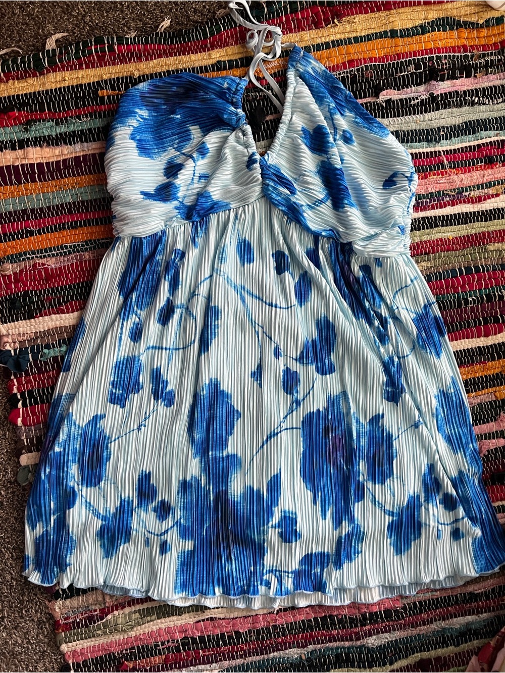 Blue Floral Halter Womens Dress - White & Blue